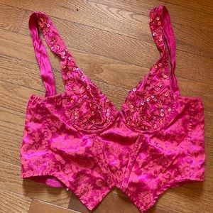 RARE Vintage Victoria’s Secret beaded satin pink corset bra top size Small